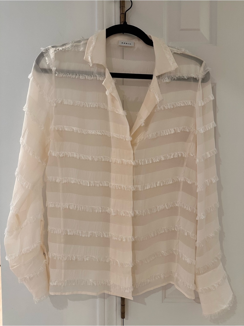 Vintage Akris Ivory Italian Silk Sheer Fringe Trim Collared Blouse Size US 8